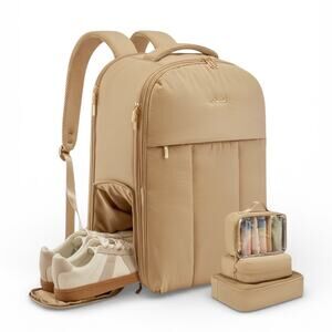 Lovevook 40L Travel Backpack Women Shoe Compartment Puffer Carry On Khaki Tan